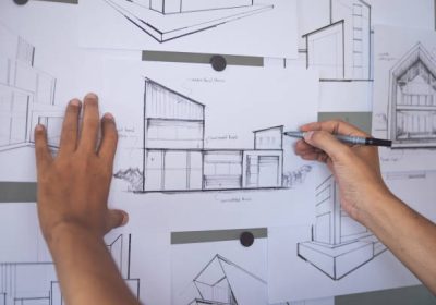 Architect Designer Engineer sketching drawing draft working Perspective Sketch  design house construction Project